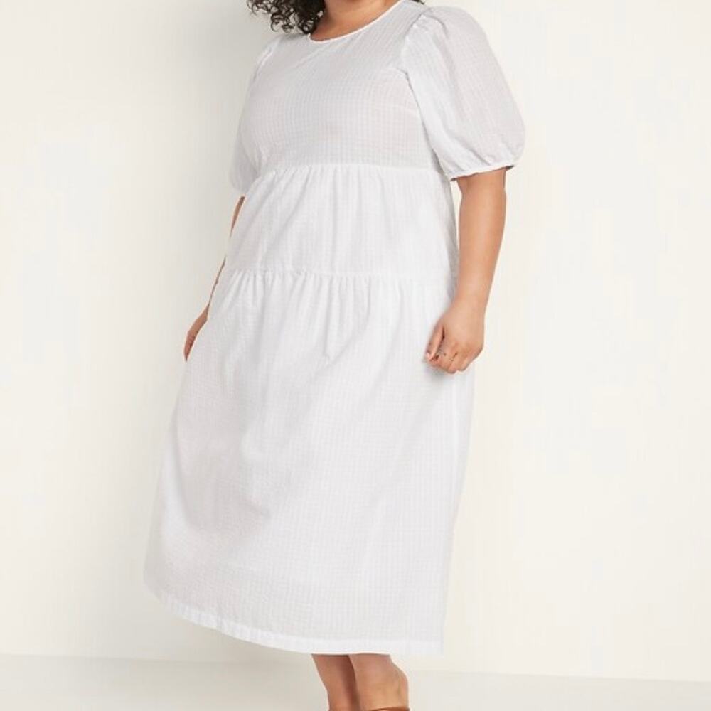 Old Navy Women's Tiered Puff Sleeve Midi Dress XXL White Pockets